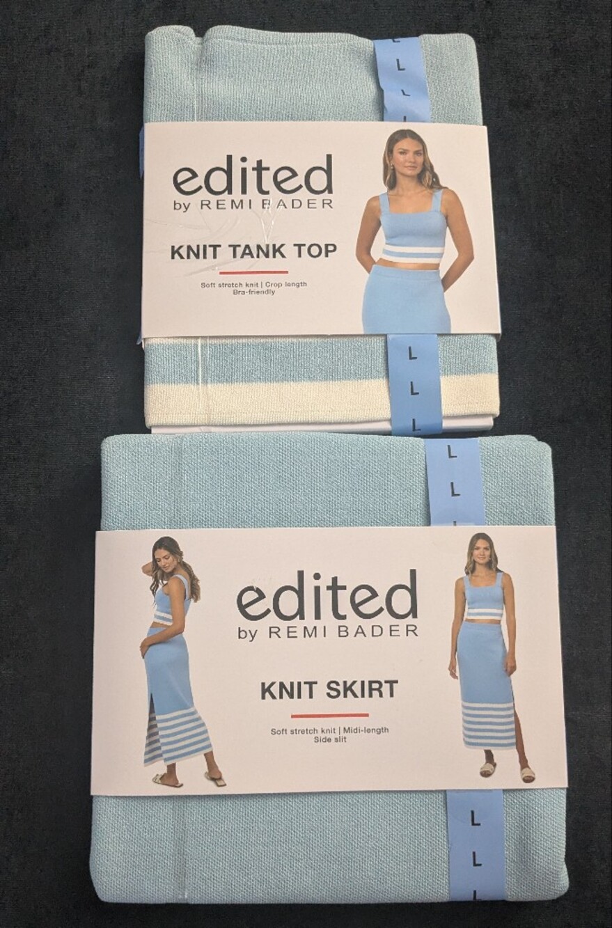 NWT! Edited By Remi Bader Blue & White Knit Maxi Skirt & Crop Top Set - Picture 2 of 10
